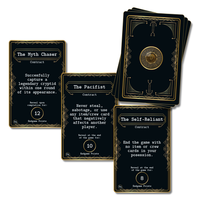 Contract cards from Kryptothera Frontiers Awaken expansion showing objectives like Myth Chaser, Pacifist and Self Reliant