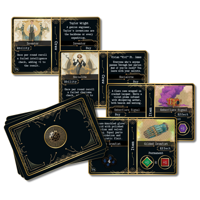 Item and crew cards from Kryptothera Frontiers Awaken expansion featuring abilities, equipment and character support mechanics