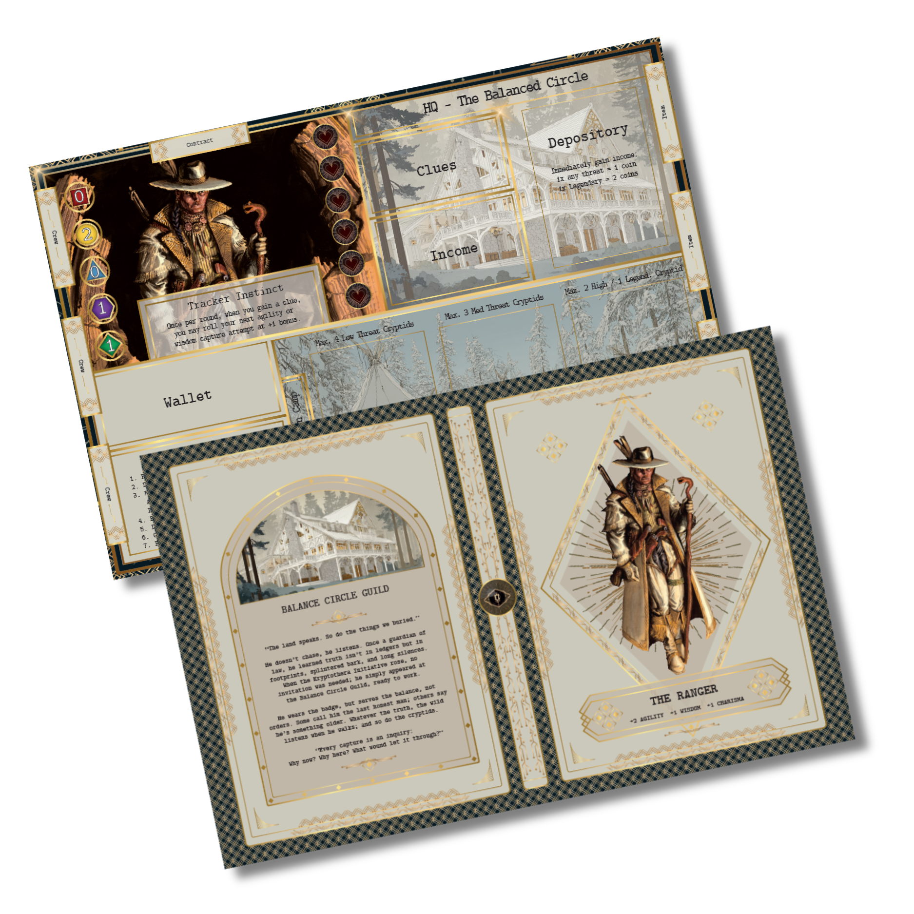 Player board front and back from Kryptothera Frontiers Awaken expansion featuring the Ranger character with abilities, tracking and lore details