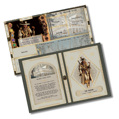 Player board front and back from Kryptothera Frontiers Awaken expansion featuring the Ranger character with abilities, tracking and lore details