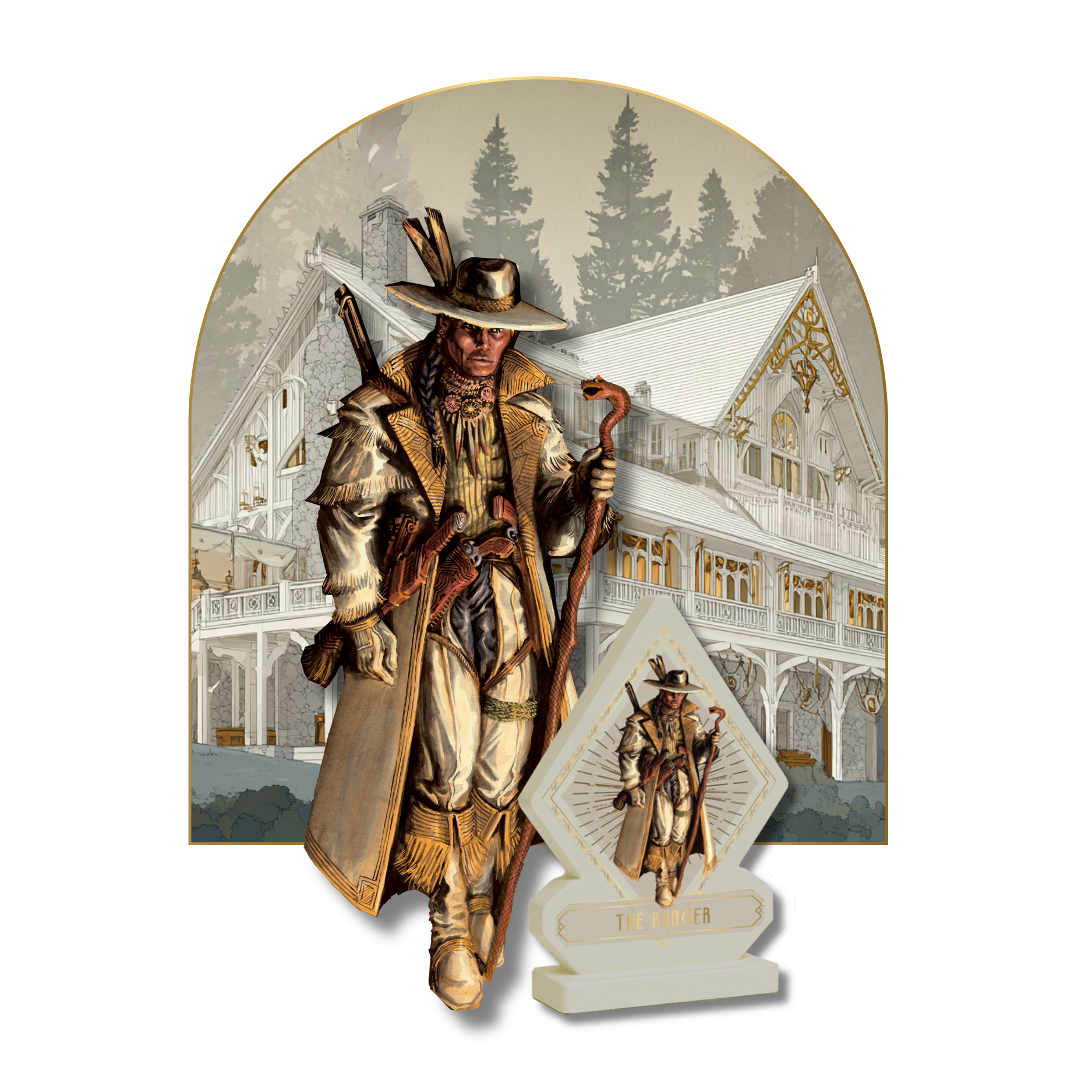 White player standee from Kryptothera Frontiers Awaken expansion featuring the Ranger character with matching headquarters artwork