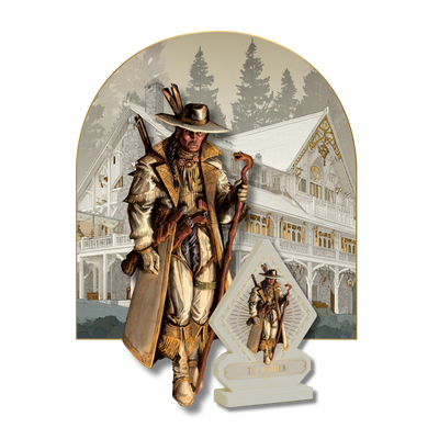 White player standee from Kryptothera Frontiers Awaken expansion featuring the Ranger character with matching headquarters artwork