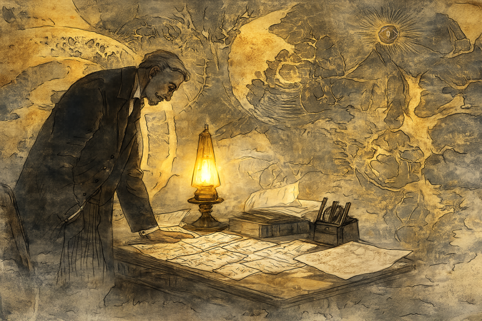 Hunter studying maps by lantern light while preparing expedition and resolving an event in Kryptothera board game