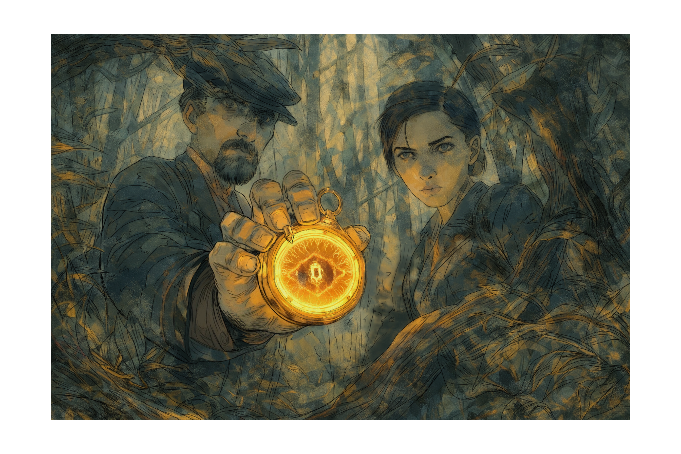 Two hunters examining a glowing aether device while planning strategy in the Kryptothera board game