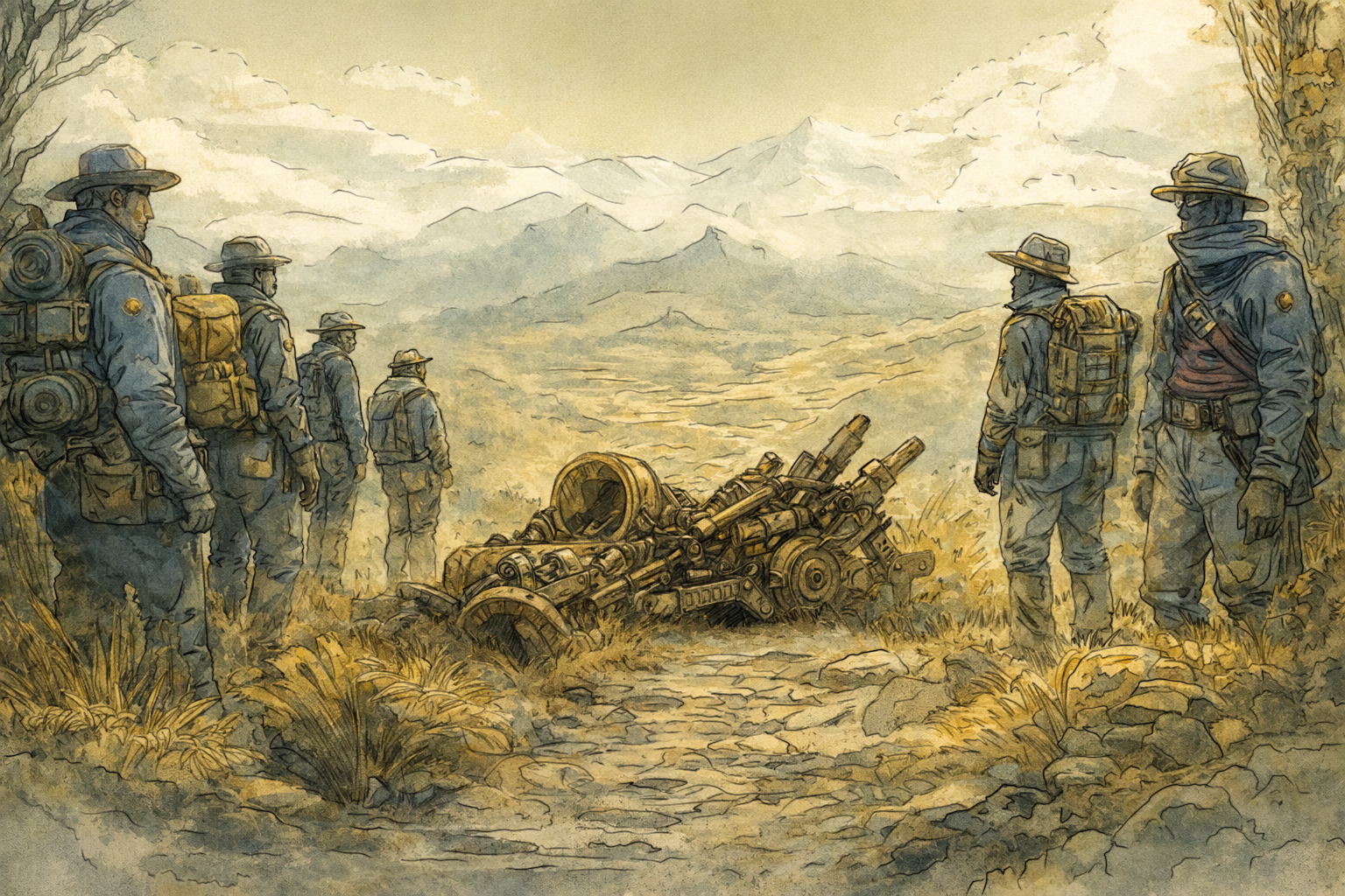 Group of hunters surveying a damaged machine in a remote landscape in Kryptothera board game artwork