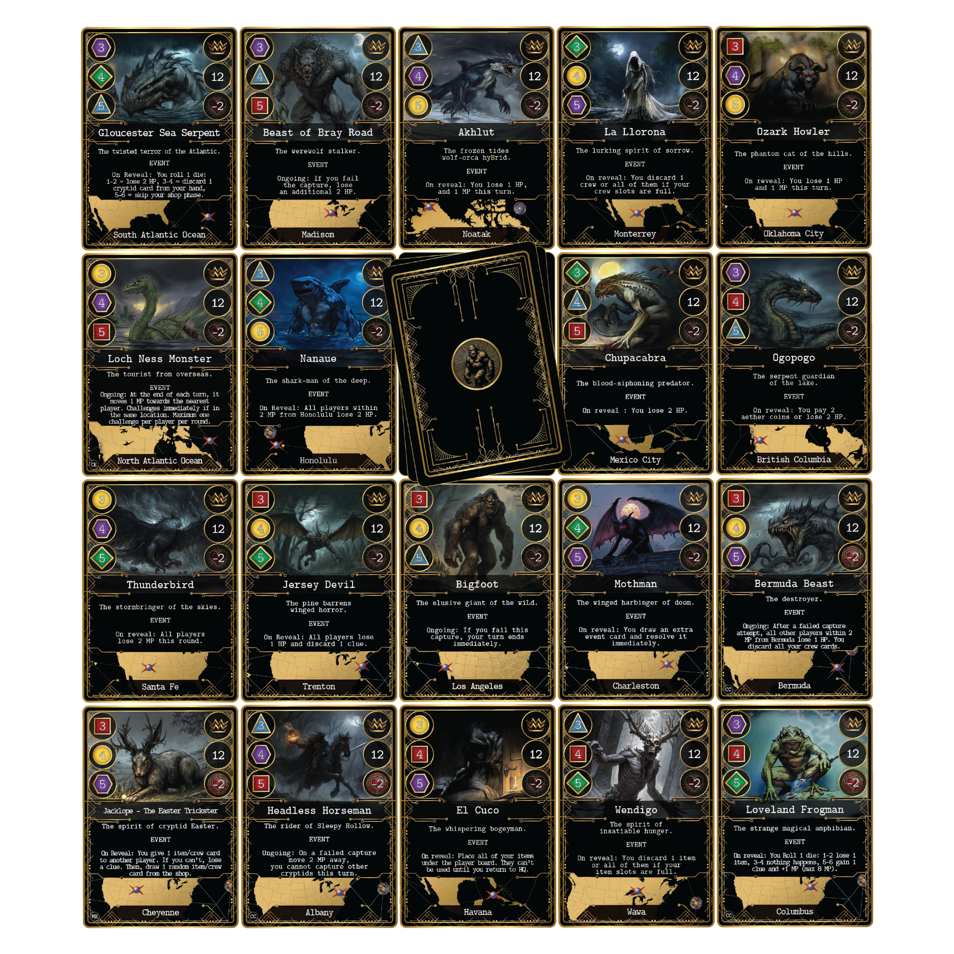 Kryptothera board game legendary cryptid cards featuring creatures from folklore