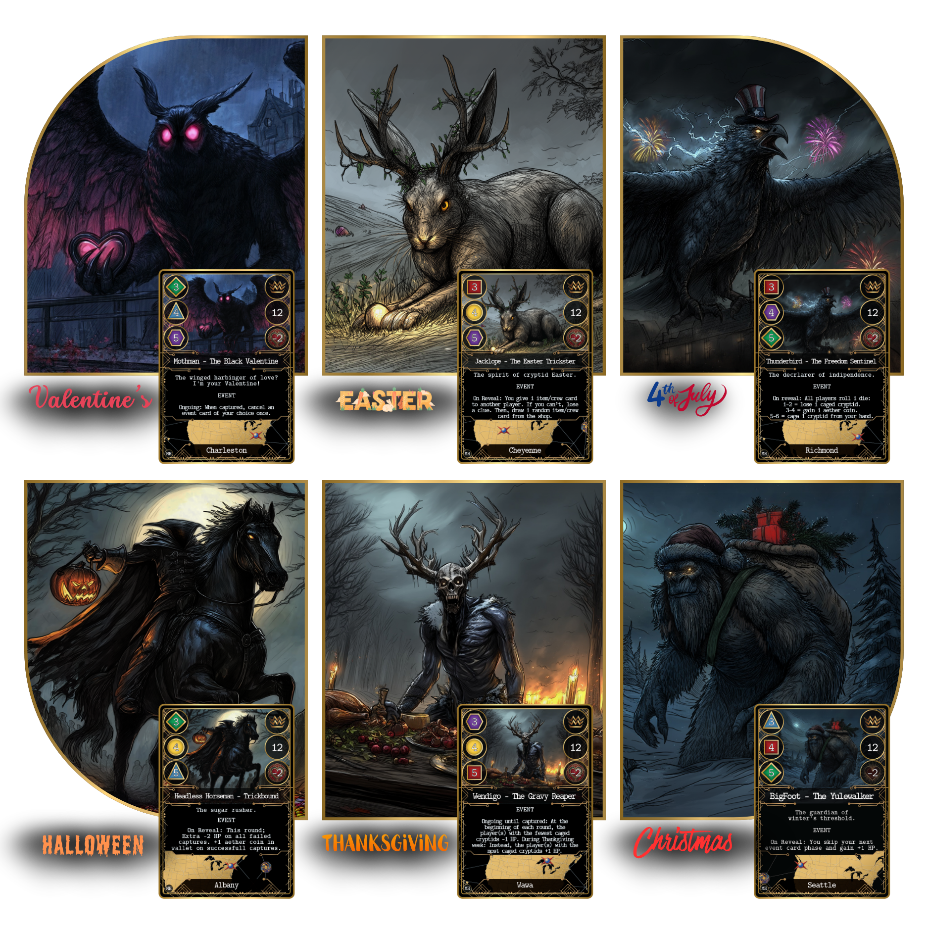 Holiday themed cryptid artwork from Kryptothera Monstrous Holidays expansion featuring Mothman Valentine, Jackalope Easter, Thunderbird 4th of July, Headless Horseman Halloween, Wendigo Thanksgiving and Bigfoot Christmas