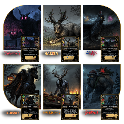 Holiday themed cryptid artwork from Kryptothera Monstrous Holidays expansion featuring Mothman Valentine, Jackalope Easter, Thunderbird 4th of July, Headless Horseman Halloween, Wendigo Thanksgiving and Bigfoot Christmas