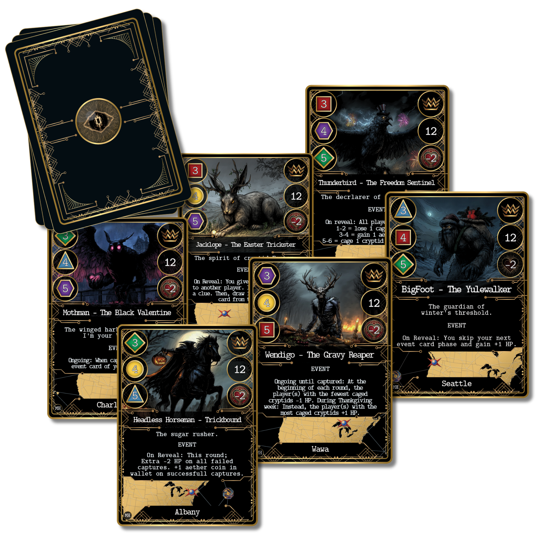 Legendary holiday cryptid cards from Kryptothera Monstrous Holidays expansion including Bigfoot Yulewalker, Headless Horseman Trickbound and Mothman Black Valentine