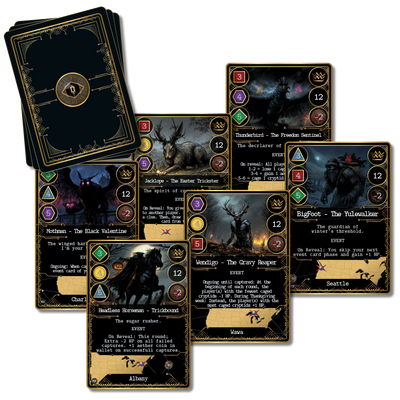 Legendary holiday cryptid cards from Kryptothera Monstrous Holidays expansion including Bigfoot Yulewalker, Headless Horseman Trickbound and Mothman Black Valentine