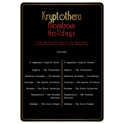 Legendary cryptid list and tokens from Kryptothera Monstrous Holidays expansion featuring themed seasonal variants like Yulewalker Bigfoot and Black Valentine Mothman