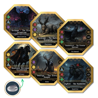 Legendary cryptid tokens from Kryptothera Monstrous Holidays expansion featuring Bigfoot Yulewalker, Mothman Black Valentine and Headless Horseman Trickbound