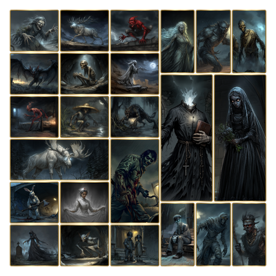 Cryptid artwork from Kryptothera Something Lurks in the Shadows expansion featuring dark folklore creatures and horror-inspired designs