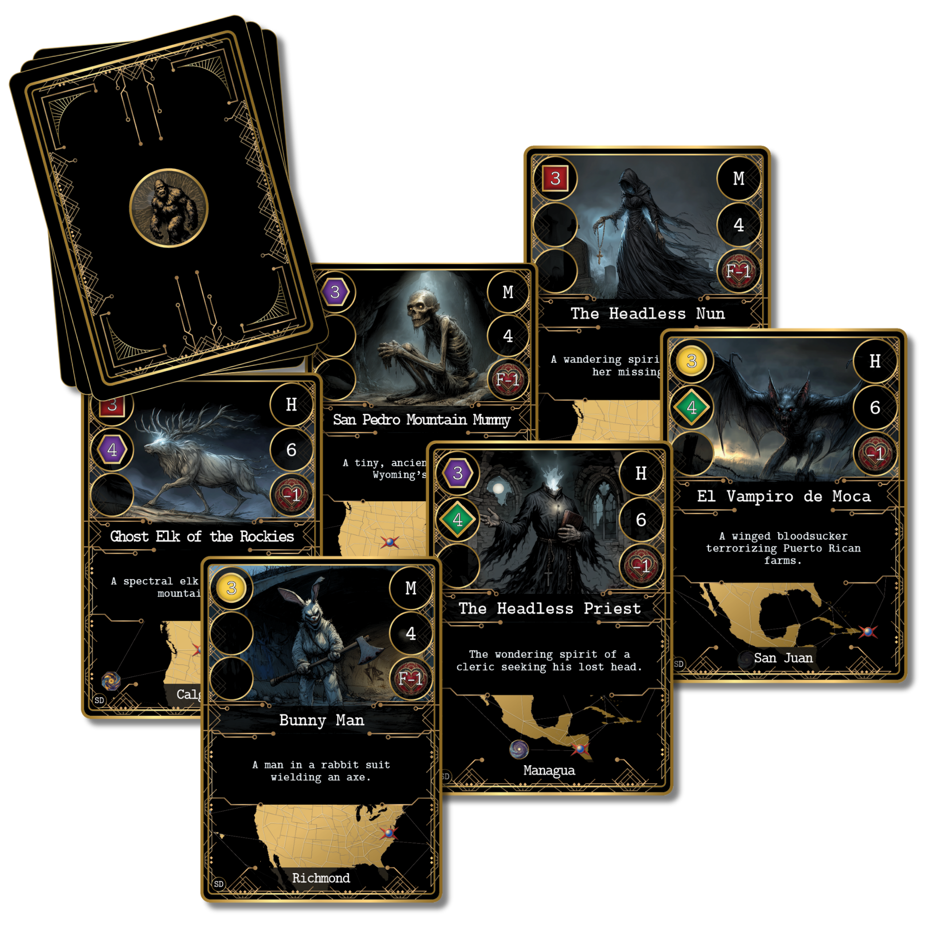 Cryptid cards from Kryptothera Something Lurks in the Shadows expansion featuring Ghost Elk, San Pedro Mountain Mumy, Headless Priest and El Vampiro de Moca