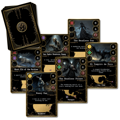 Cryptid cards from Kryptothera Something Lurks in the Shadows expansion featuring Ghost Elk, San Pedro Mountain Mumy, Headless Priest and El Vampiro de Moca