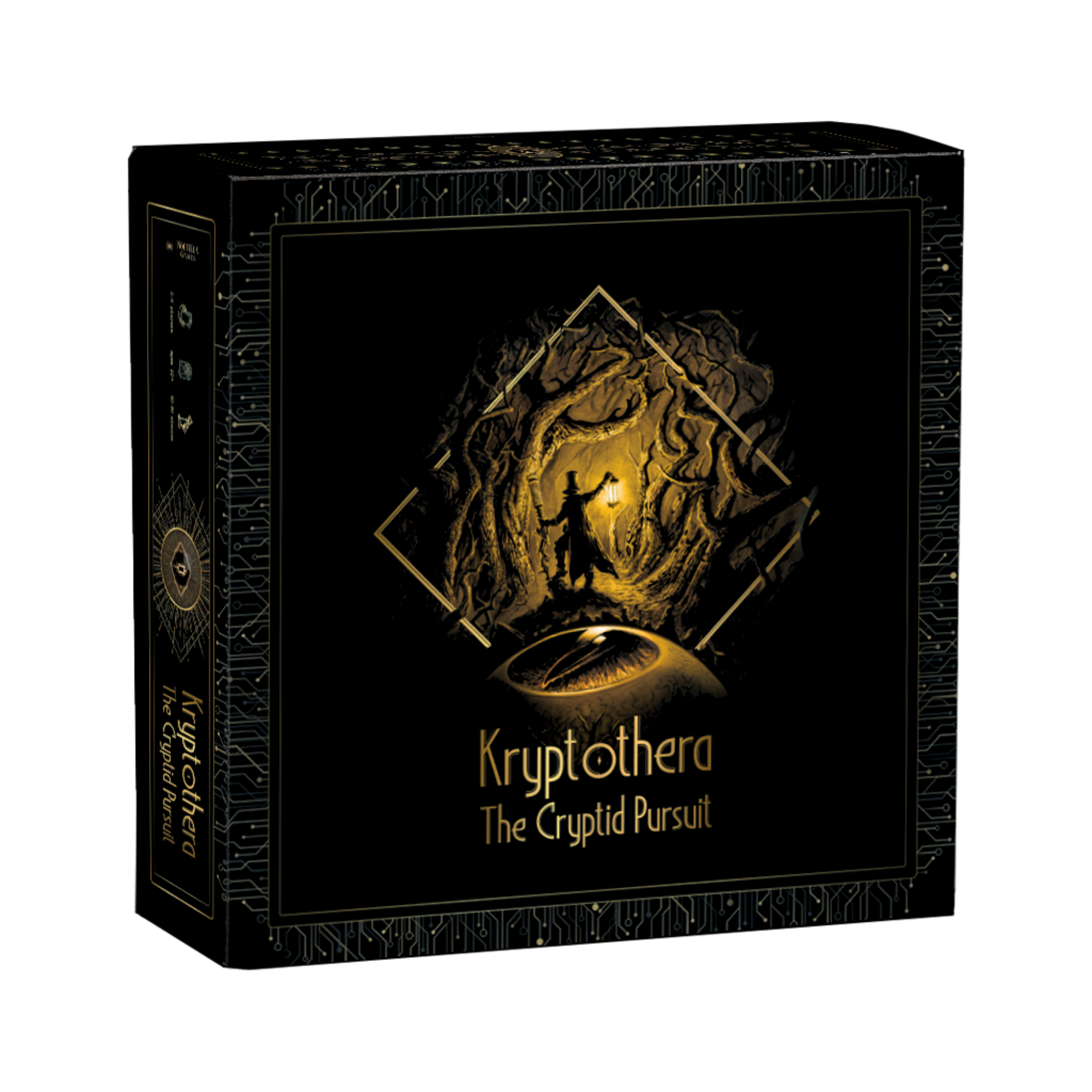 Back of Kryptothera the cryptid pursuit board base game box with cover art