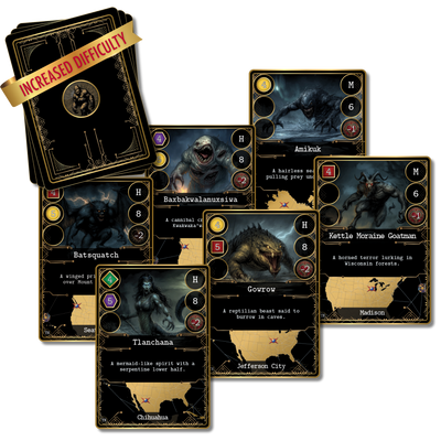 Cryptid cards from Kryptothera The Threat Was Never Higher expansion featuring higher difficulty creatures and tougher capture challenges
