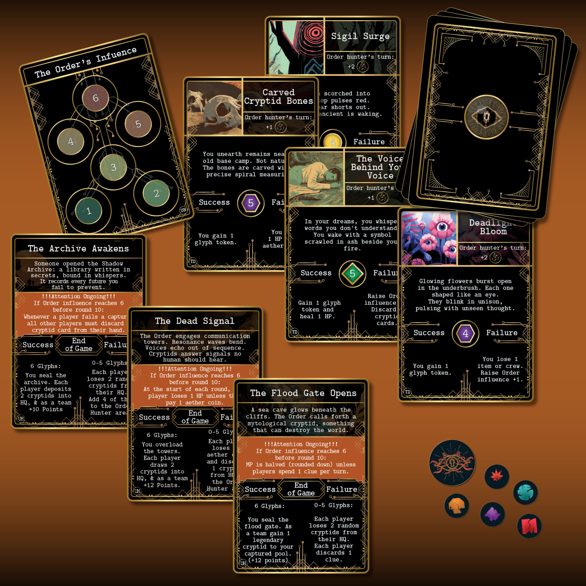 Co-op event cards for Kryptothera United We Hunt featuring Order influence system and shared gameplay effects