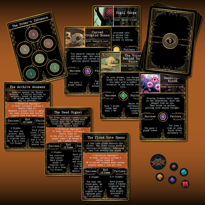Co-op event cards for Kryptothera United We Hunt featuring Order influence system and shared gameplay effects