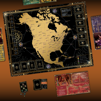 Co-op mode map setup for Kryptothera United We Hunt showing board layout, player areas and Order influence system components