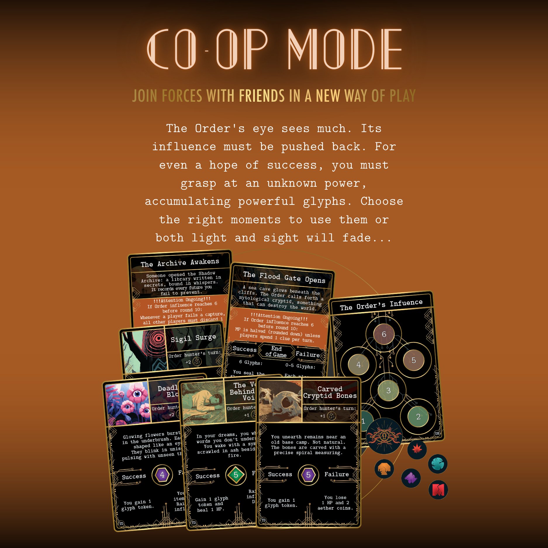 Co-op mode overview for Kryptothera United We Hunt showing cooperative gameplay, event cards and Order influence system