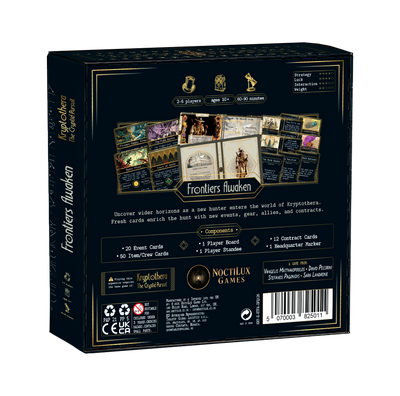 Back of Kryptothera frontiers awaken board game expansion box showing gameplay details and components
