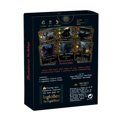 Back of Kryptothera monstrous holidays board game expansion box showing gameplay details and components