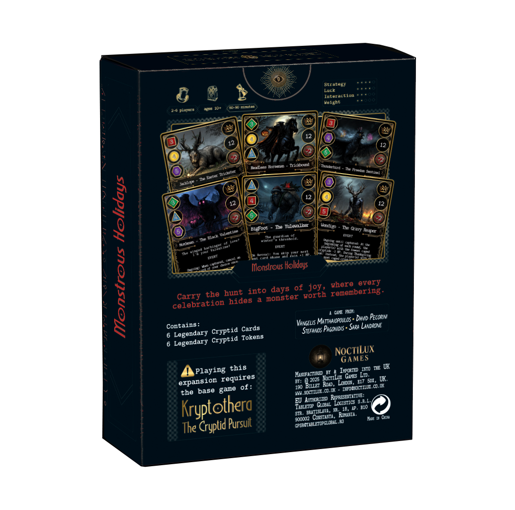 Back of Kryptothera monstrous holidays board game expansion back of box showing gameplay details and components