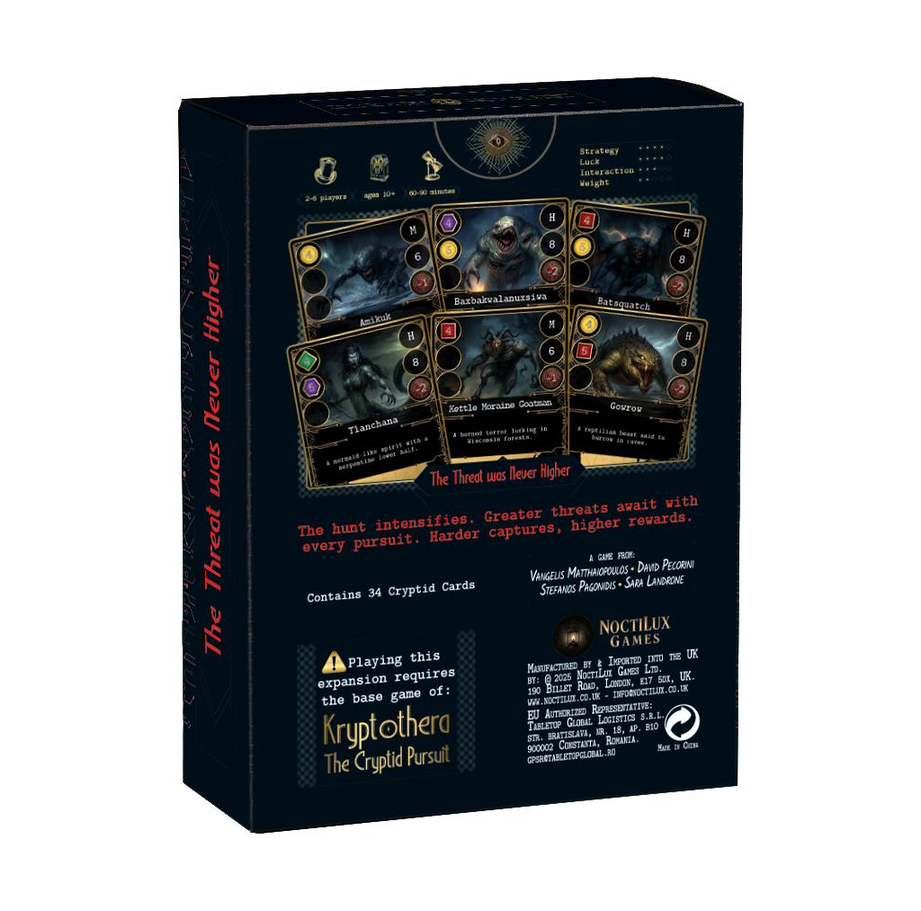Back of Kryptothera the threat was never higher board game expansion box showing gameplay details and components