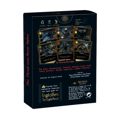 Back of Kryptothera the threat was never higher board game expansion box showing gameplay details and components