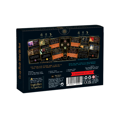 Back of Kryptothera the descent solo mode and united we hunt co-op mode board game expansion box showing gameplay details and components