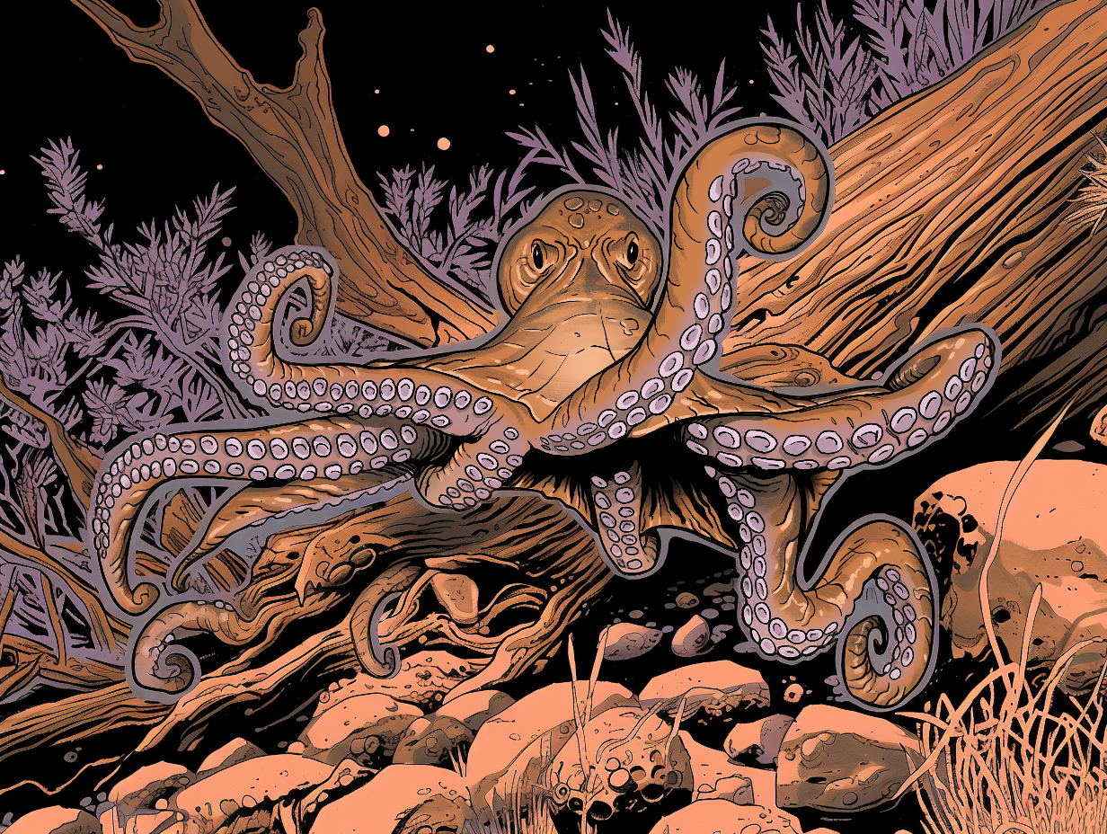Illustration of the Oklahoma octopus a cryptid from Kryptothera - The Cryptid Pursuit, among driftwood and seaweed on a dark background. A boardgame by Noctilux Games