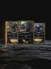 A cinematic teaser trailer for Kryptothera board game cards set against dark, premium backdrops. First, a camera glides over a surface with vertical cards for Bigfoot, Chupacabra, and Mothman illuminated by a warm golden rim-light. Next, landscape-oriented cards for Aetherborn Pistol and Legendary Hunter slide across a marble floor under a cool white spotlight. Finally, cards for Last Train Out, Bigfoot, Mothman and Doomsday float and rotate in a dark void.