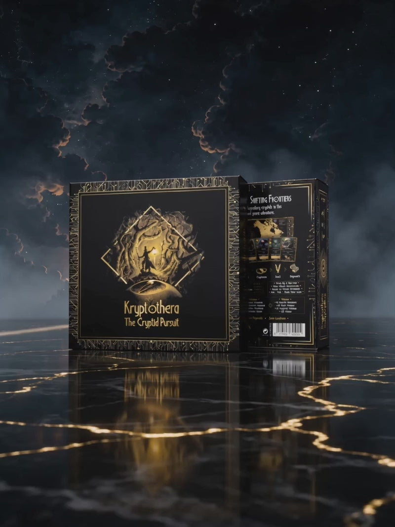 A cinematic commercial for the Kryptothera board game packaging. The video opens with a sleek camera tracking shot of standing vertically front and back covers of the game box. The second half of the video transitions into a rapid sequence of macro-lens tilt shifts, zooming tightly into the flat back texture of the box. It finishes with a quick micro-zoom over the front cover artwork. 